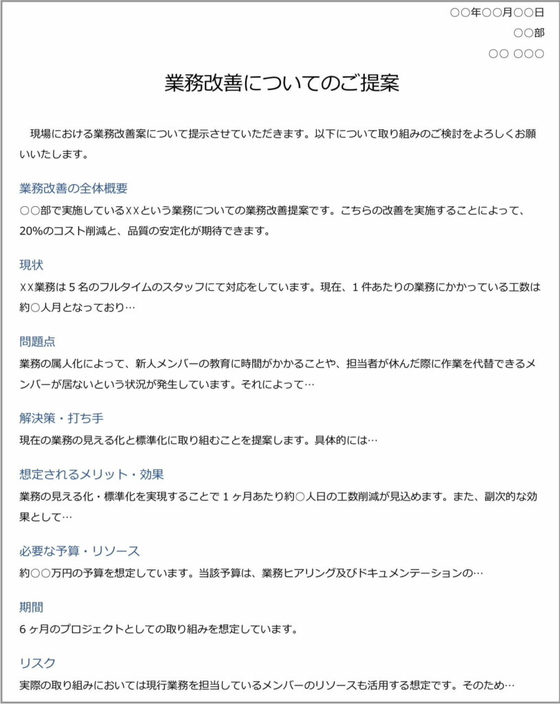 業務改善提案書のサンプル画像です。